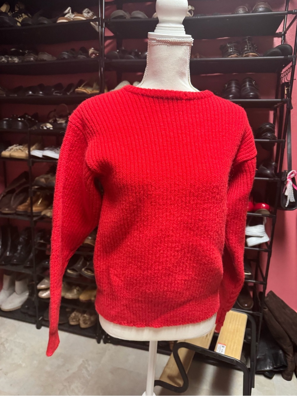 Trekka Vintage 80s Red Ribbed Knit Sweater Made in Korea Medium 100% Wool